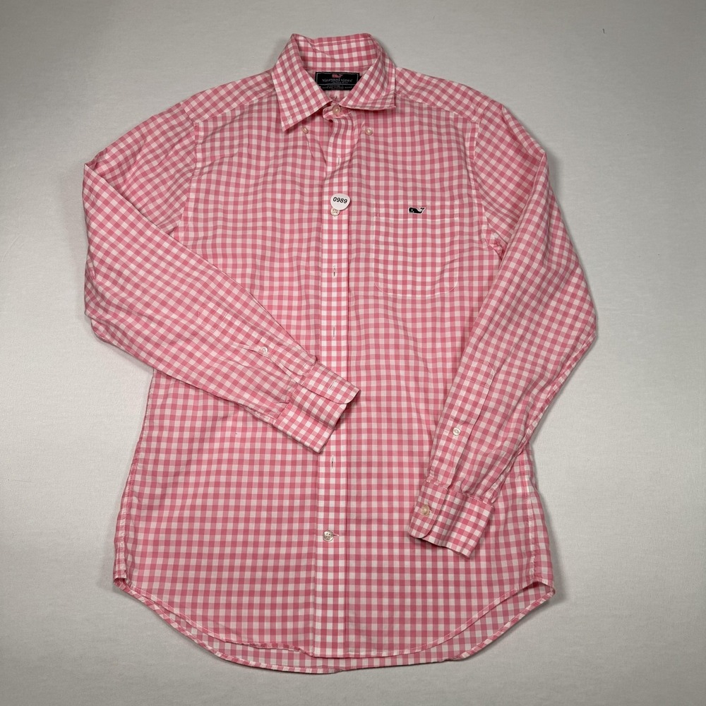Vineyard Vines Shirt Mens Medium Pink Slim Fit Tucker‎ Gingham Cotton Casual